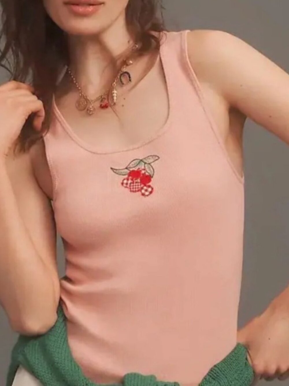 Anthropologie-Maeve: Embroidered Icon Cherry Graphic Tank, Small, Muted Pink